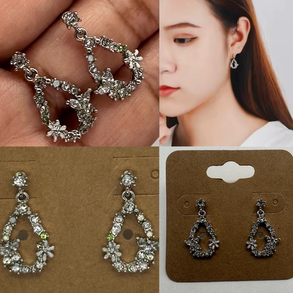 ✨💎Sparkling Crystal Teardrop Dangle Earrings - Silver Tone, Floral Accents, ✨💚